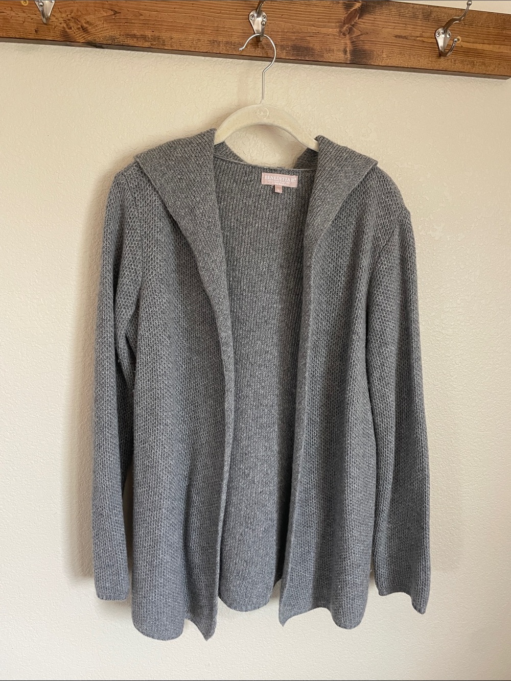 Italian Made Merino Wool Cashmere Blend Open-Front Hooded Knit Cardigan L Gray